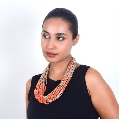 Rosary Beige Orange Jute Dori Neckpiece