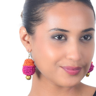 Auru Pink Orange Gold Wooden beads Ghungroo Ear rings