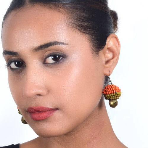 Moss Green Orange Gold Wooden beads Ghungroo Ear rings