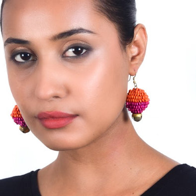 Aurum Pink Orange Gold Wooden beads Ghungroo Ear rings