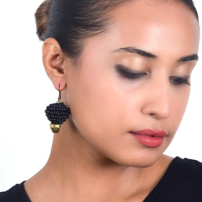 Midnight Black Gold Wooden beads Ghungroo Ear rings