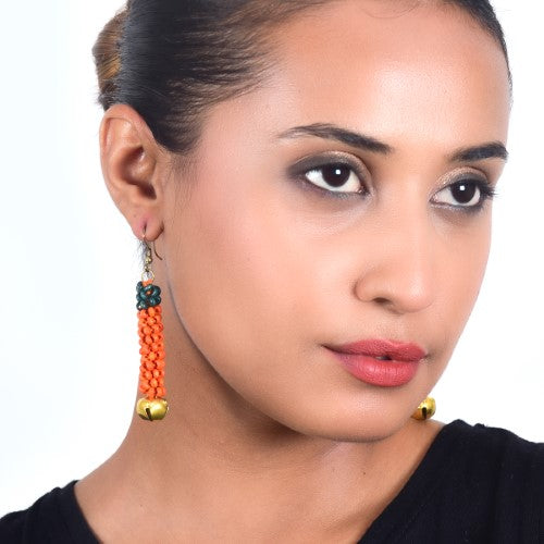 Marigold Orange Teal Gold Wooden beads Ghungroo Ear rings