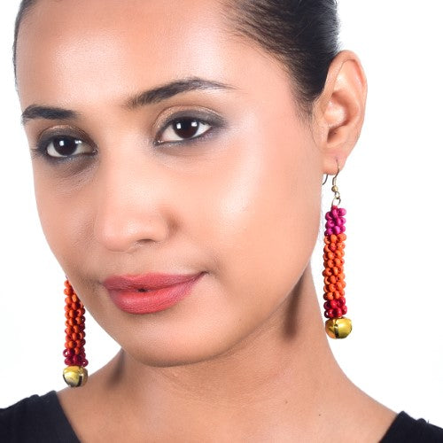 Tutti Fruity  Orange Red Pink Gold Wooden beads Ghungroo Ear rings