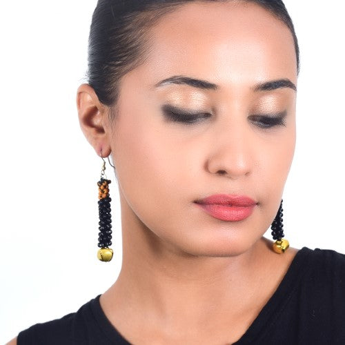 Pitch Black Yellow Gold Wooden beads Ghungroo Ear rings