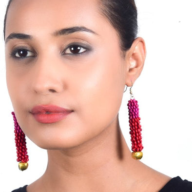 Lipstick Red Pink Gold Wooden beads Ghungroo Ear rings