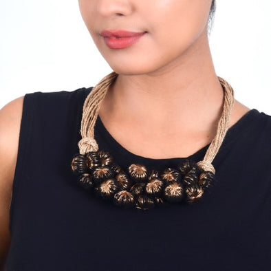 Moon Light Black Copper Cotton PomPom Textile Neckpiece