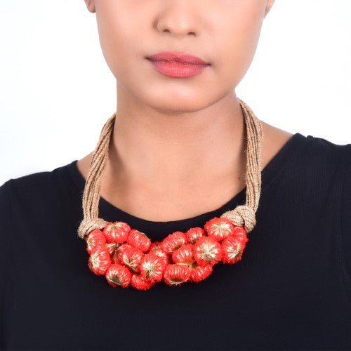 SunLight Red Gold Cotton Pom Pom Textile Neckpiece