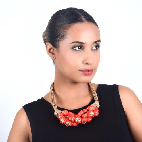 SunLight Red Gold Cotton Pom Pom Textile Neckpiece