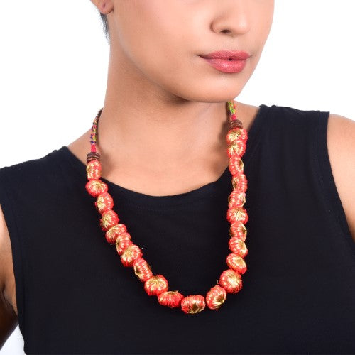 Flare Red Gold Cotton Pom Pom Textile Neckpiece