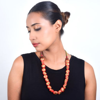 Flare Red Gold Cotton Pom Pom Textile Neckpiece