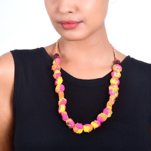 Aurora Multi Pink Yellow Orange Gold Cotton Pom-Pom Sustainable Neckpiece