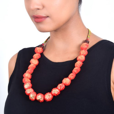 Blaze Red Gold Cotton Pom-Pom Textile Neckpiece