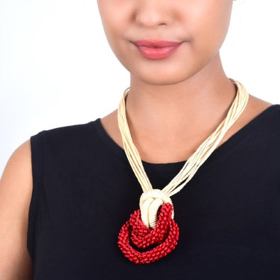 Rosette Ecru Red Cotton Dori Wooden Beads Neckpiece