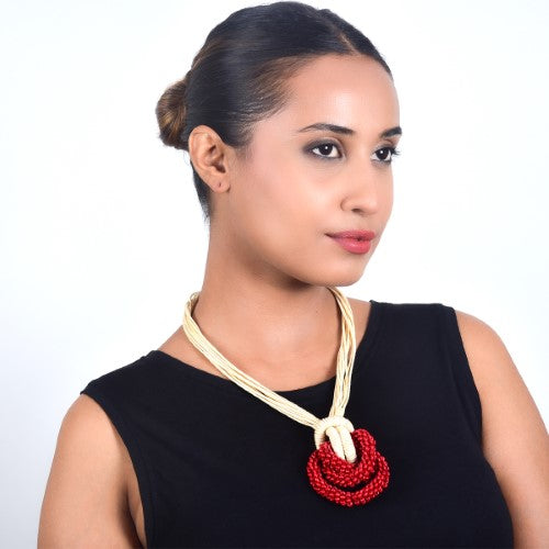 Rosette Ecru Red Cotton Dori Wooden Beads Neckpiece