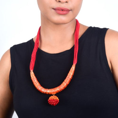 Yana Red Gold Cotton Thread Wooden Beads  Dori Neckpiece