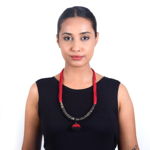 Yana Black Red Gold Cotton Thread Wooden Beads  Dori Neckpiece