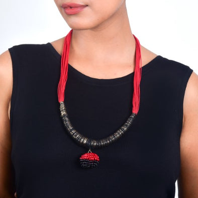 Yana Black Red Gold Cotton Thread Wooden Beads  Dori Neckpiece