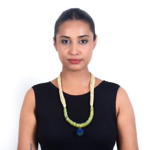 Yana Ecru Yellow Blue Cotton Thread Wooden Beads  Dori Neckpiece