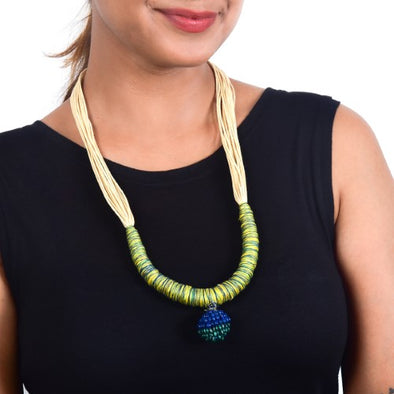 Yana Ecru Yellow Blue Cotton Thread Wooden Beads  Dori Neckpiece