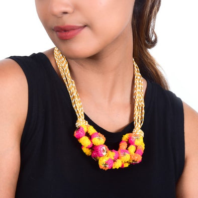 Day Light Cotton Pink Yellow Orange Light Gold Pom-Pom Sustainable Neckpiece