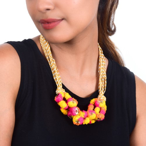 Day Light Cotton Pink Yellow Orange Light Gold Pom-Pom Sustainable Neckpiece