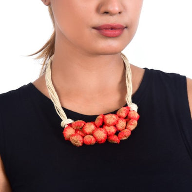 SunLight Red Beige Cotton Pom Pom Textile Neckpiece