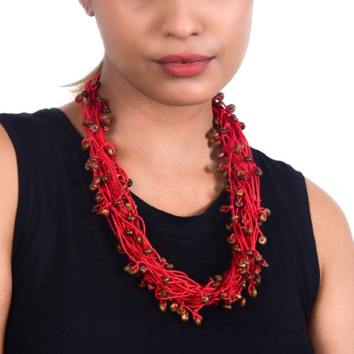 Knotty Red Wooden Beads Cotton Dori Neckpiece