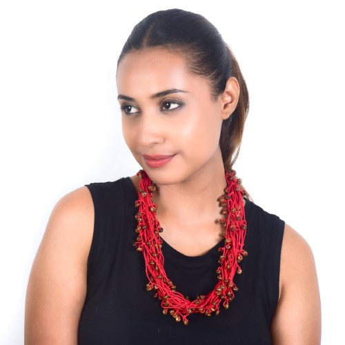 Knotty Red Wooden Beads Cotton Dori Neckpiece