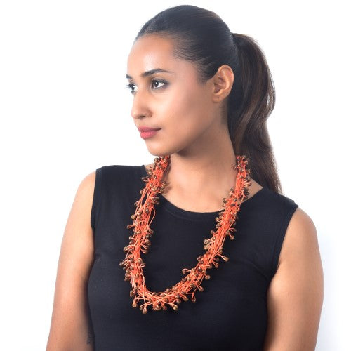 Knotty Orange Wooden Beads Cotton Dori Neckpiece