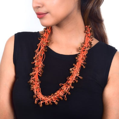 Knotty Orange Wooden Beads Cotton Dori Neckpiece