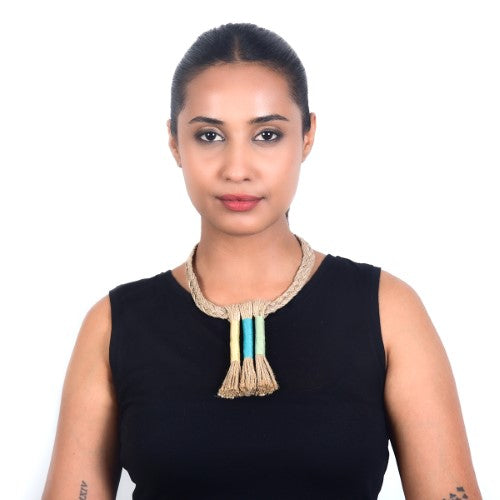 Folk Beige Teal Jute Dori Neckpiece