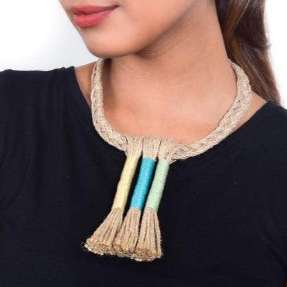 Folk Beige Teal Jute Dori Neckpiece