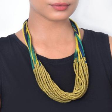 Dribbles Amber Gold Teal Cotton Thread Wooden Beads  Dori Neckpiece