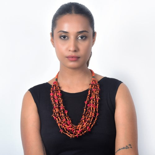 Marble Orange Natural Brown Beads Cotton Dori Neckpiece