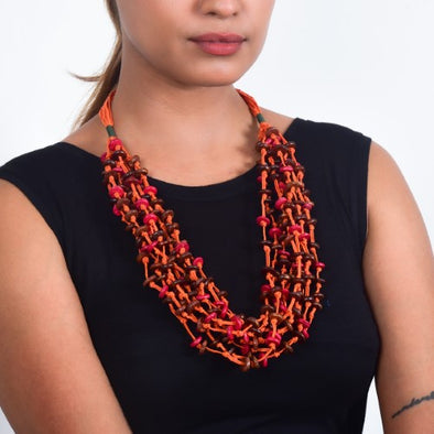 Marble Orange Natural Brown Beads Cotton Dori Neckpiece