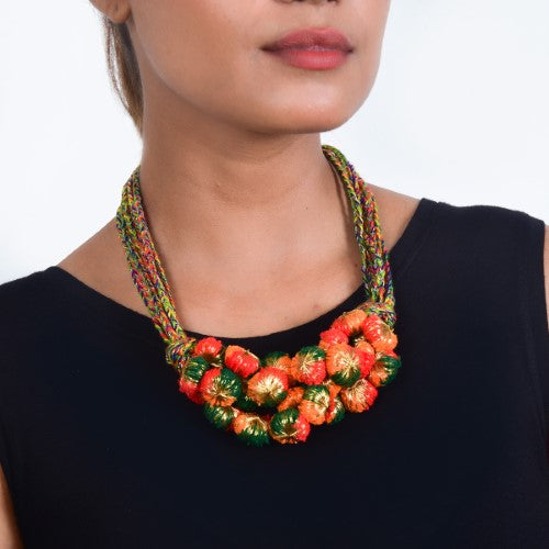 Fire Light Green Red Orange Light Gold Cotton Pom-Pom Sustainable Neckpiece