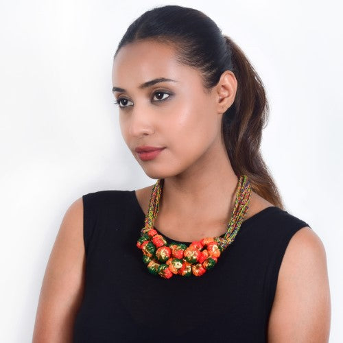 Fire Light Green Red Orange Light Gold Cotton Pom-Pom Sustainable Neckpiece