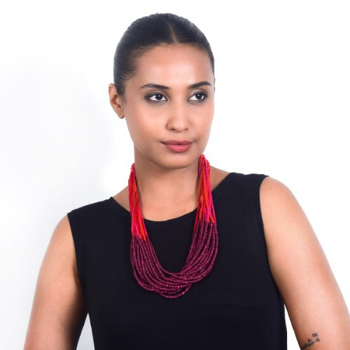 Dribbles Red Maroon Cotton Thread Wooden Beads  Dori Neckpiece