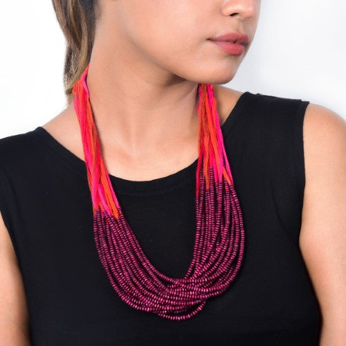 Dribbles Red Maroon Cotton Thread Wooden Beads  Dori Neckpiece