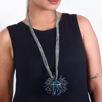 Dollops Grey Teal Cotton Thread Wooden Beads Dori Neckpiece