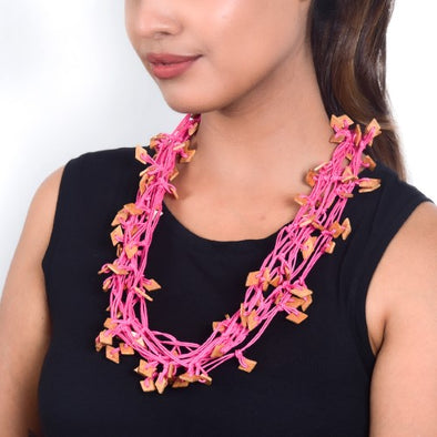 Knotty Pink Wooden Beads Cotton Dori Neckpiece