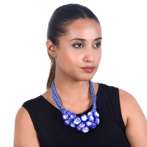 Twilight Blue Cotton Pom-Pom Textile Neckpiece