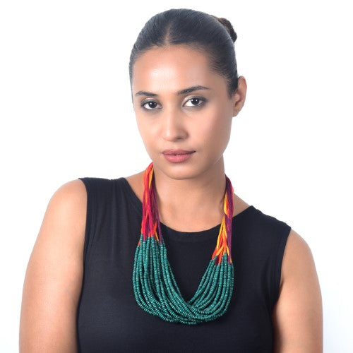 Dribbles Green Multi Cotton Thread Wooden Beads  Dori Neckpiece