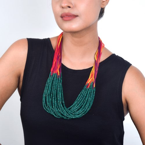 Dribbles Green Multi Cotton Thread Wooden Beads  Dori Neckpiece