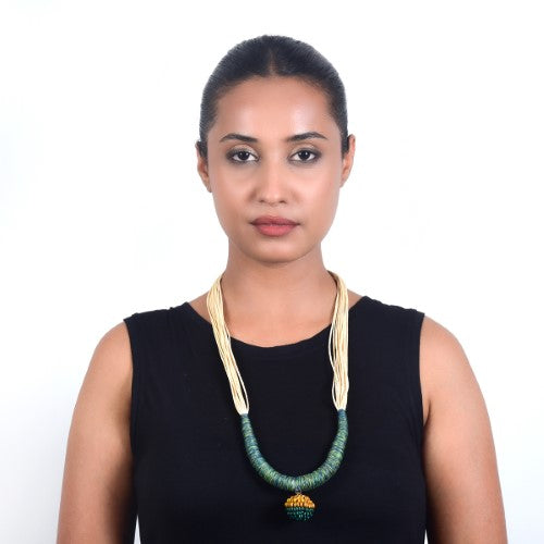 Yana Ecru Green Yellow Cotton Thread Wooden Beads  Dori Neckpiece