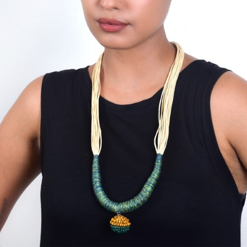 Yana Ecru Green Yellow Cotton Thread Wooden Beads  Dori Neckpiece