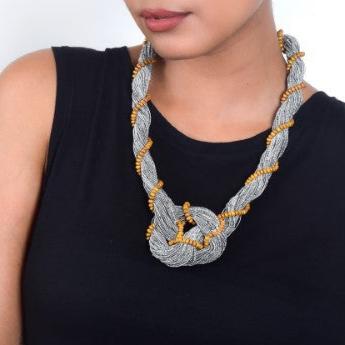 Twist Grey Yellow Cotton Dori Wooden Beads  Dori Neckpiece