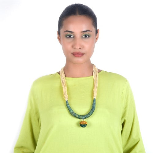 Yana Ecru Green Yellow Cotton Thread Wooden Beads  Dori Neckpiece