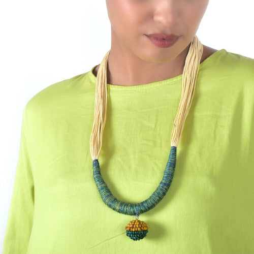 Yana Ecru Green Yellow Cotton Thread Wooden Beads  Dori Neckpiece