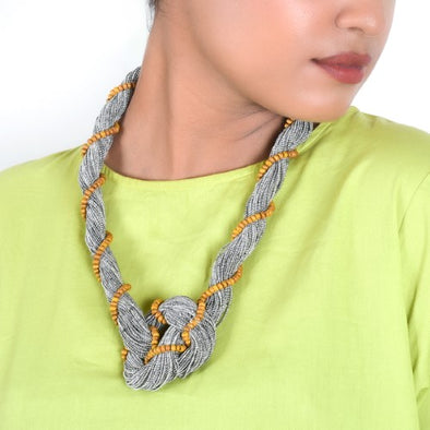 Twist Grey Yellow Cotton Dori Wooden Beads  Dori Neckpiece